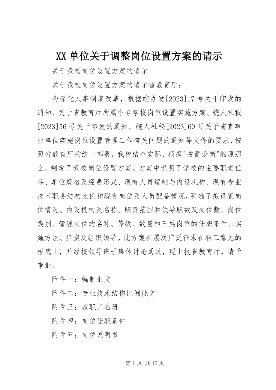 2023年XX单位关于调整岗位设置方案的请示.docx_第1页