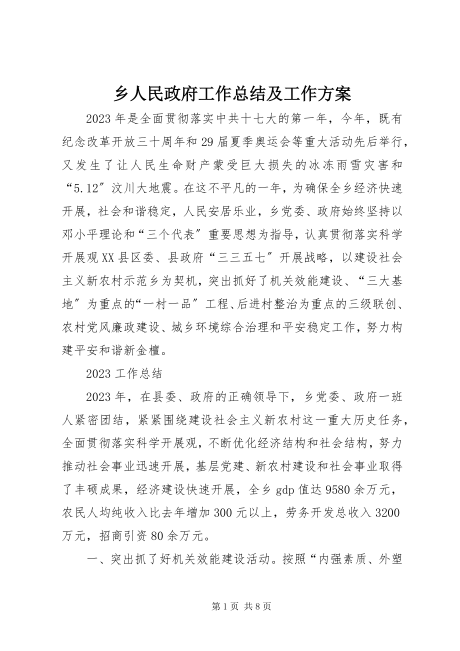 2023年乡人民政府工作总结及工作计划.docx_第1页