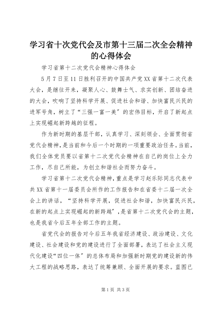 2023年学习省十次党代会及市第十三届二次全会精神的心得体会.docx_第1页