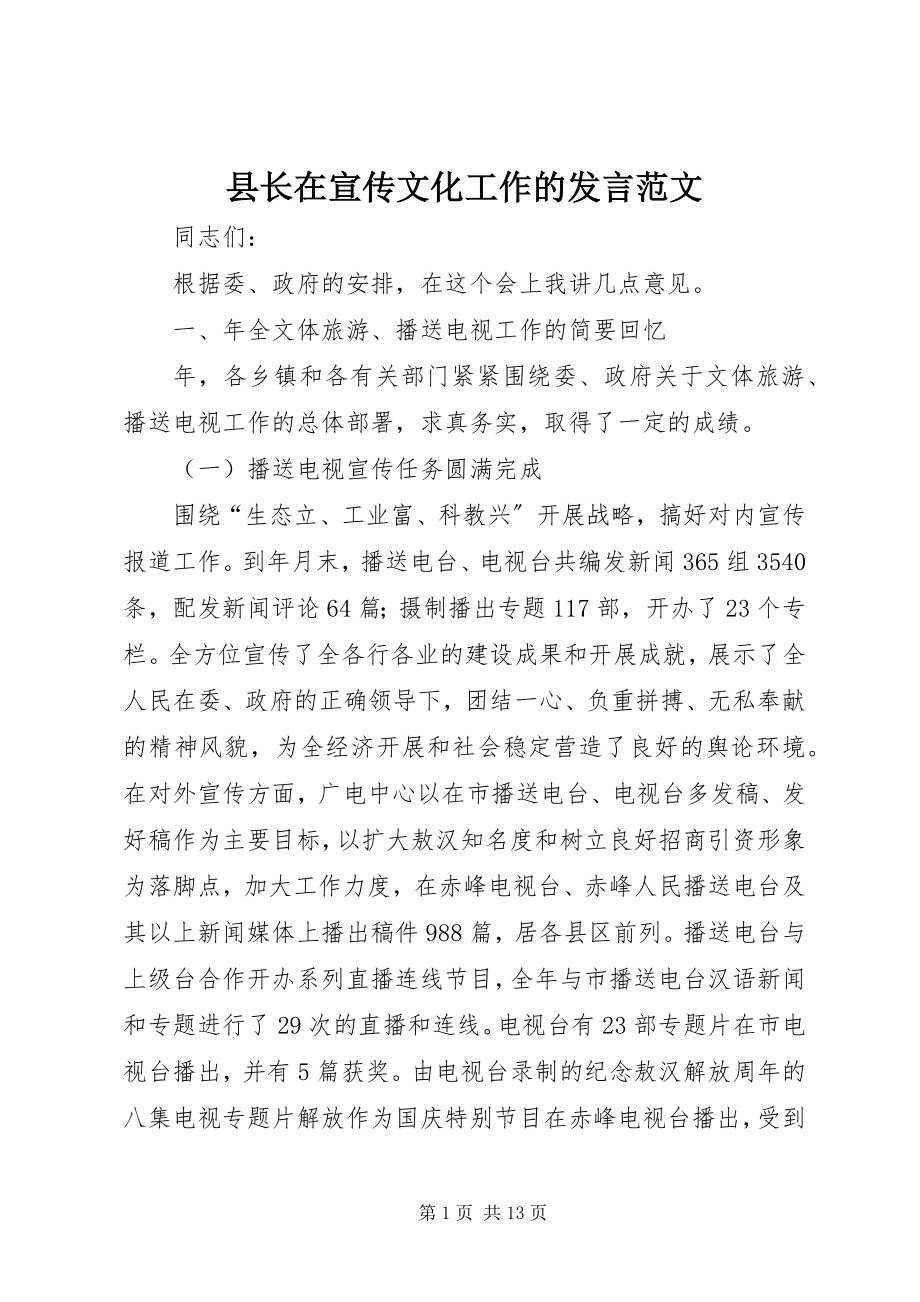 2023年县长在宣传文化工作的讲话.docx_第1页