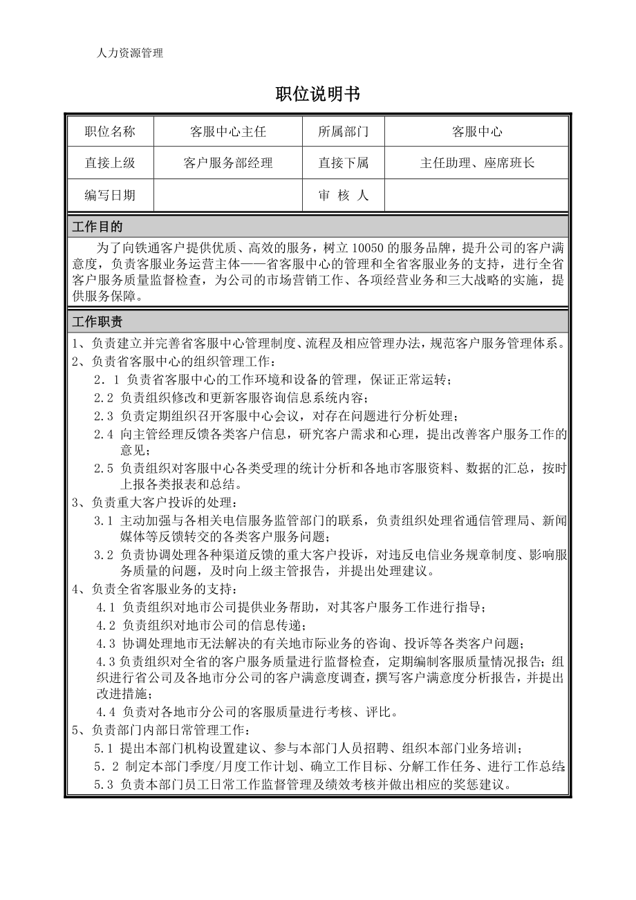 人力资源管理 企业管理 岗位说明 客服中心主任职位说明书.docx_第1页