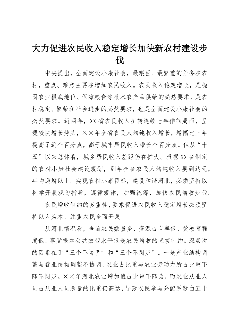 2023年大力促进农民收入稳定增长加快新农村建设步伐.docx_第1页