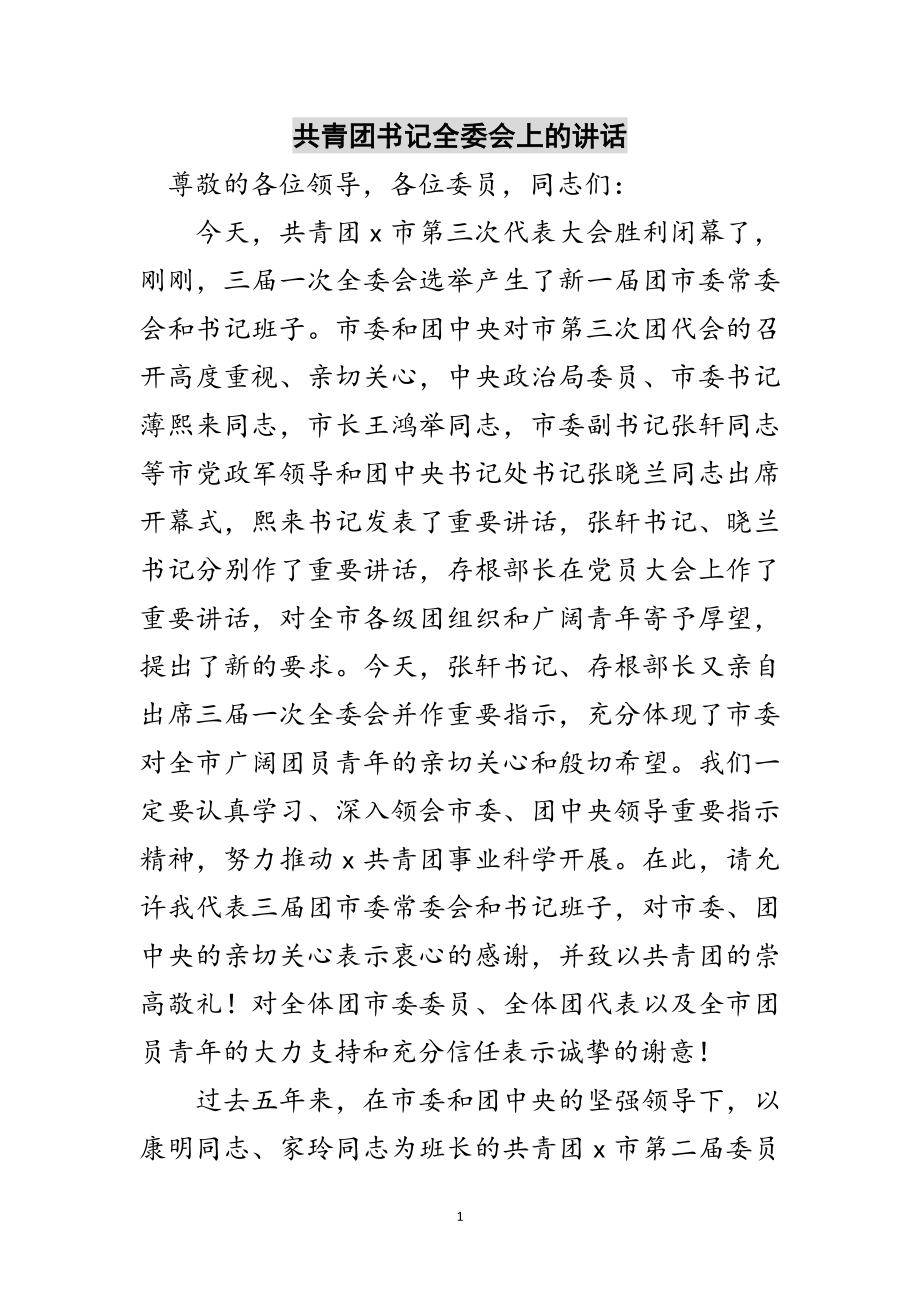 2023年共青团书记全委会上的讲话范文.doc_第1页