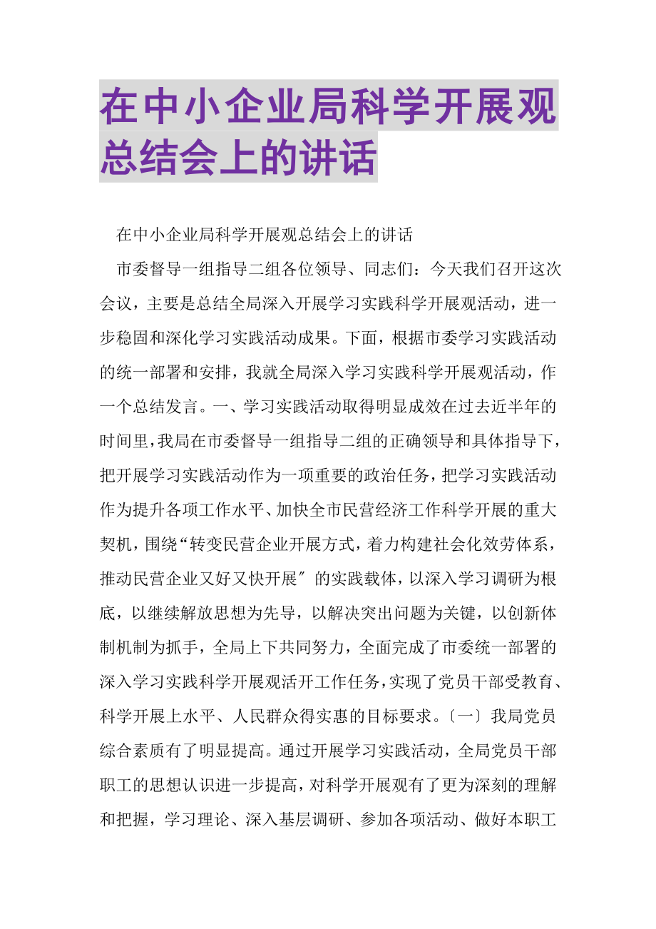 2023年在中小企业局科学发展观总结会上的讲话.doc_第1页