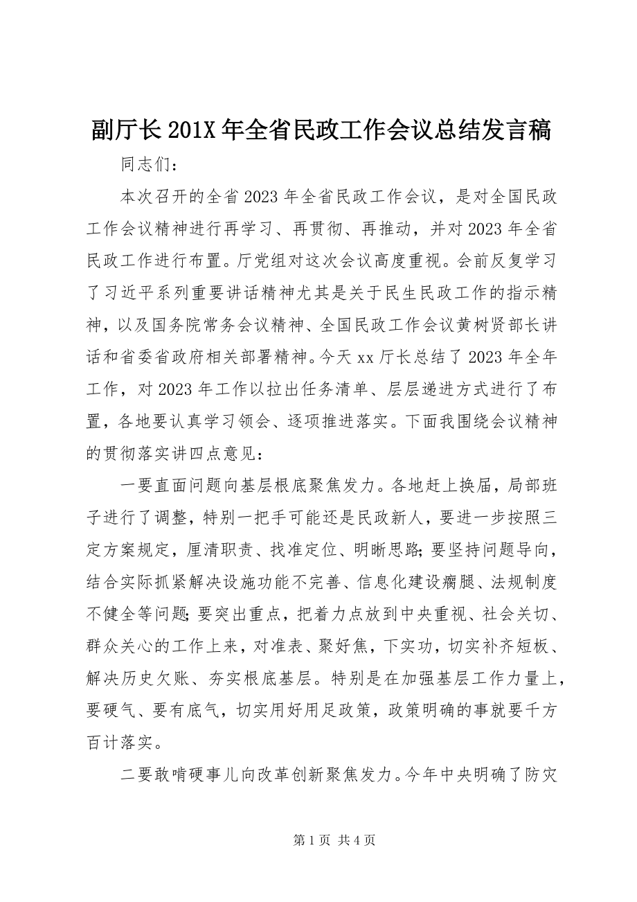 2023年副厅长全省民政工作会议总结讲话稿.docx_第1页