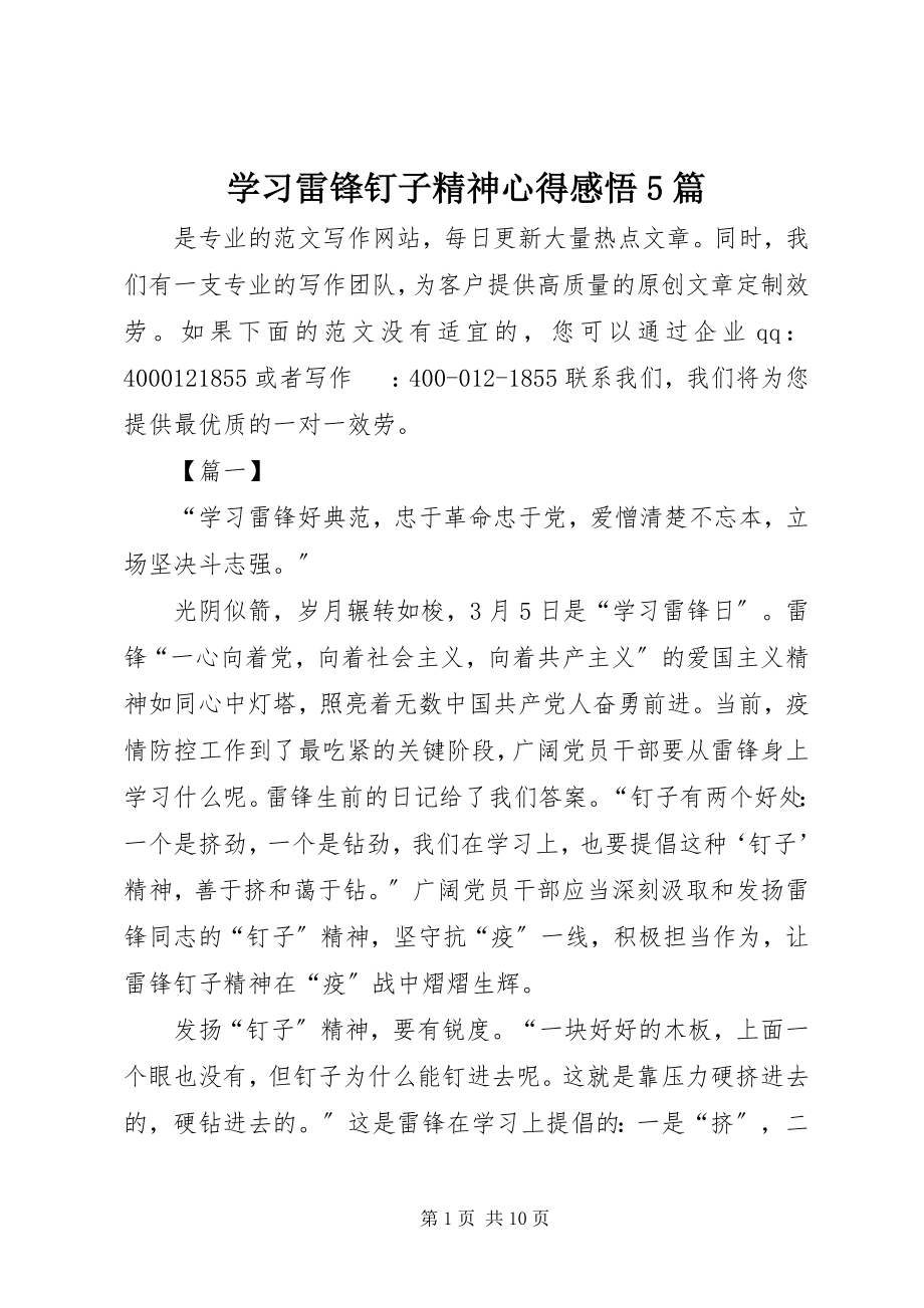 2023年学习雷锋钉子精神心得感悟5篇.docx_第1页