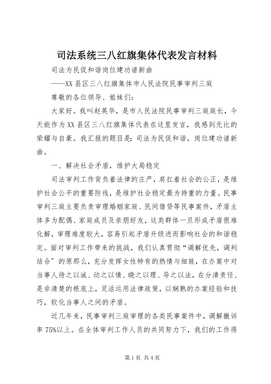 2023年司法系统三八红旗集体代表讲话材料.docx_第1页