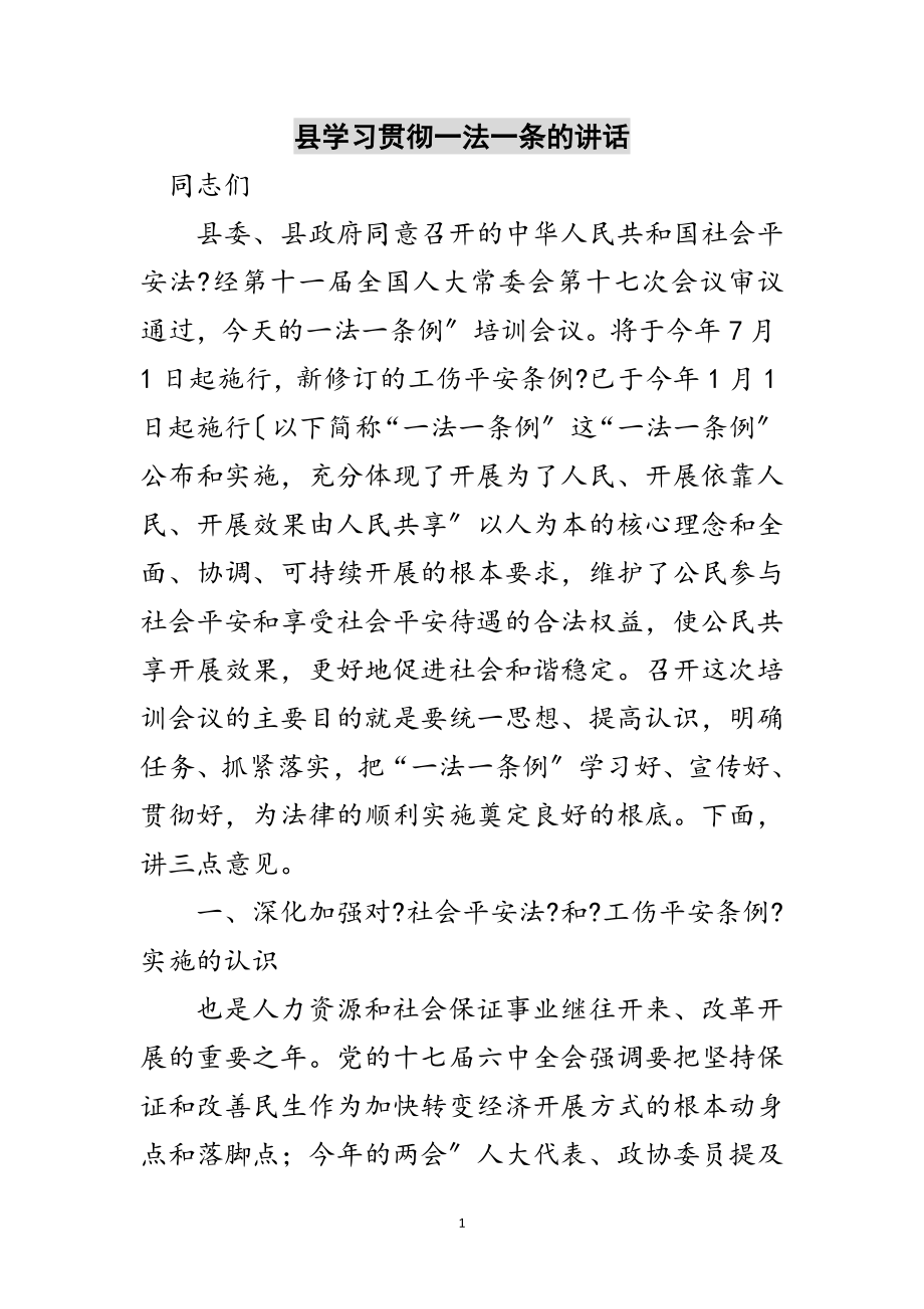 2023年县学习贯彻一法一条的讲话范文.doc_第1页