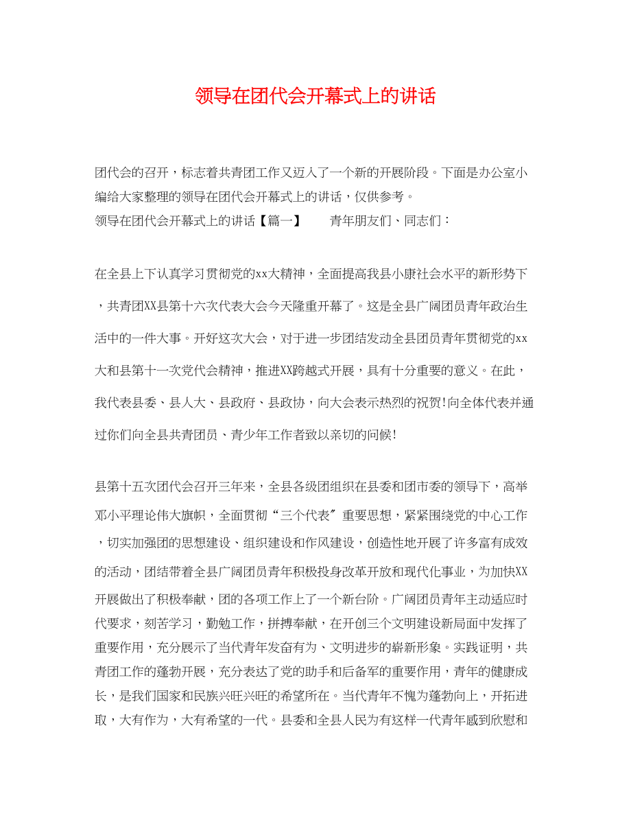 2023年领导在团代会开幕式上的讲话.docx_第1页