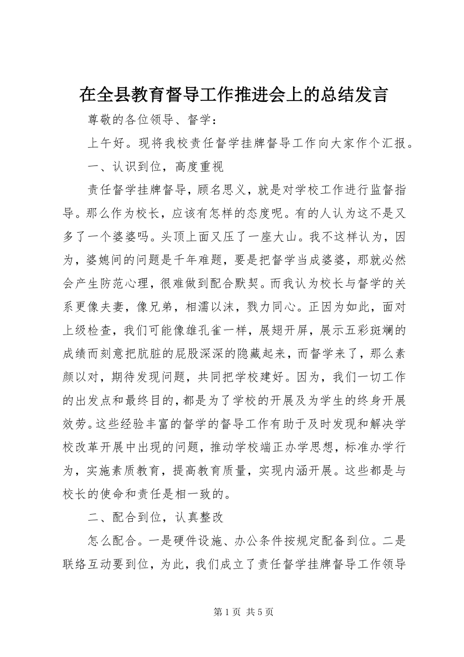 2023年在全县教育督导工作推进会上的总结讲话.docx_第1页