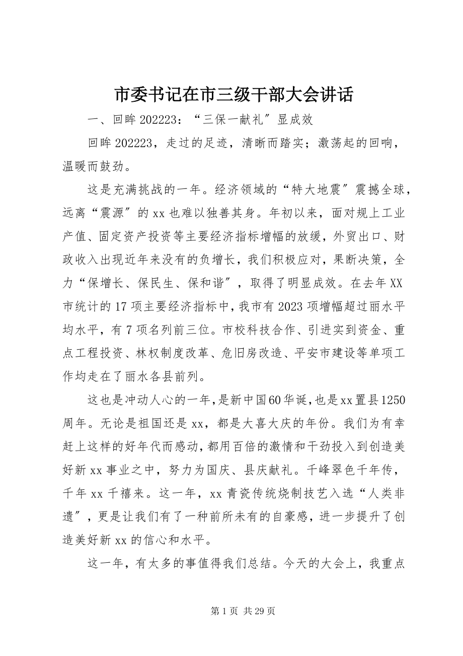 2023年市委书记在市三级干部大会致辞.docx_第1页