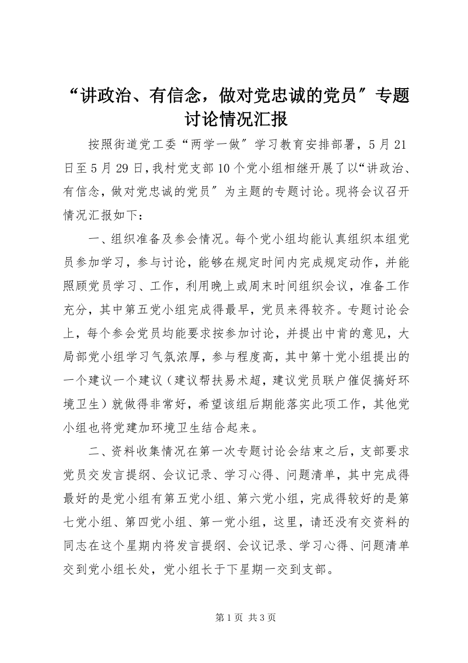 2023年讲政治有信念做对党忠诚的党员专题讨论情况汇报.docx_第1页