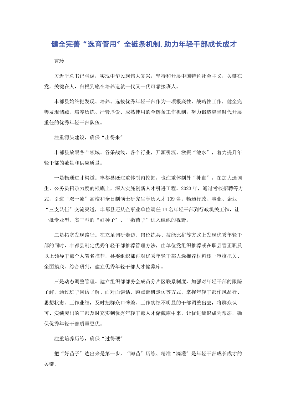 2023年健全完善“选育管用”全链条机制助力轻干部成长成才.docx_第1页