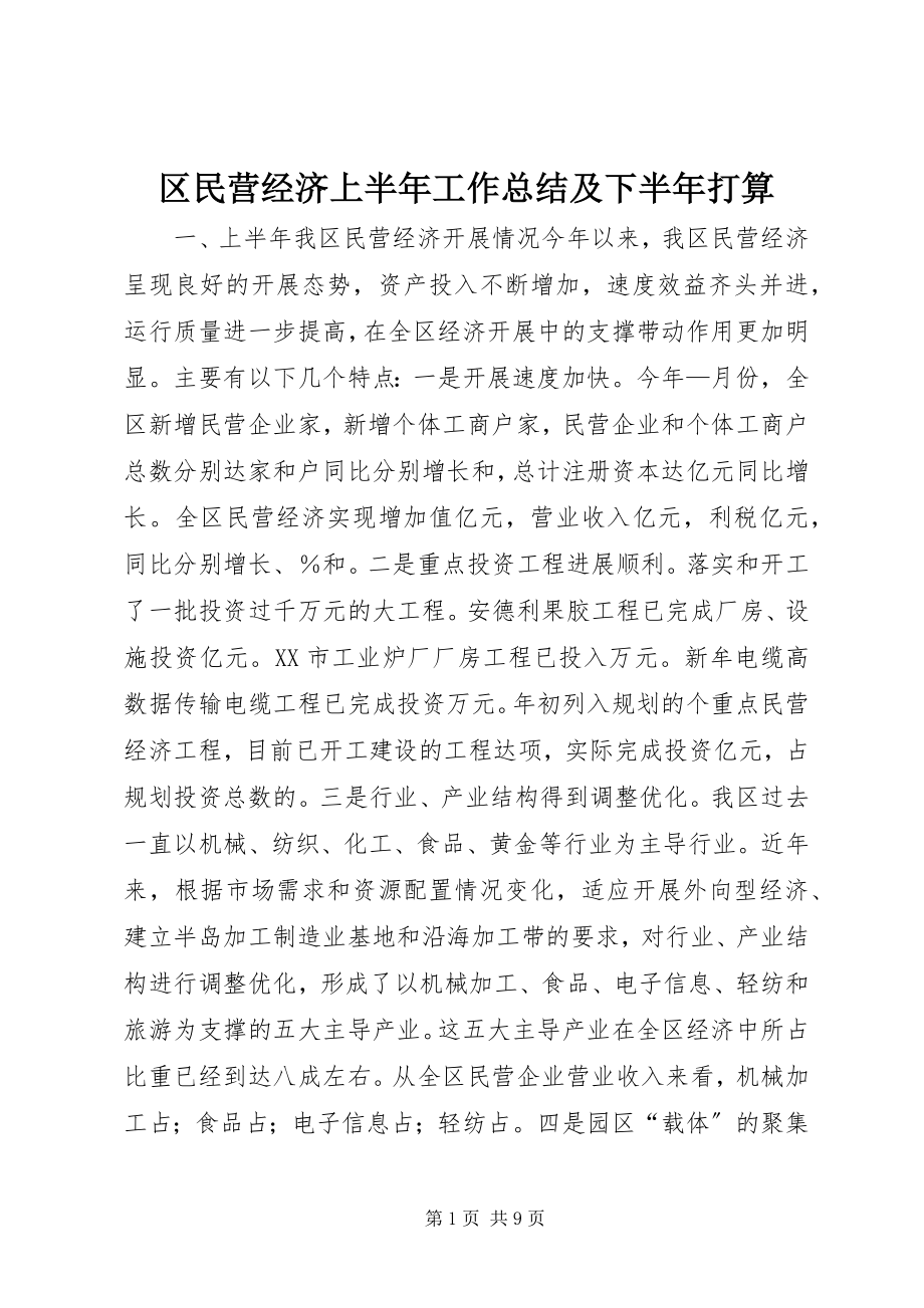 2023年区民营经济上半年工作总结及下半年打算.docx_第1页