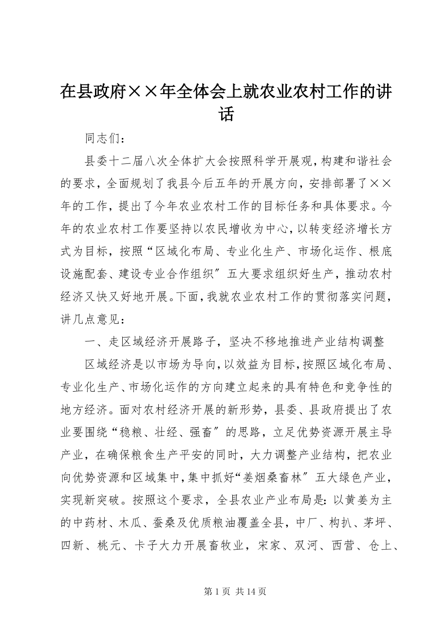 2023年在县政府全体会上就农业农村工作的致辞.docx_第1页