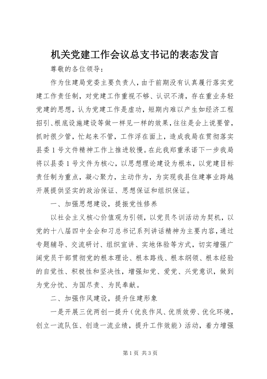 2023年机关党建工作会议总支书记的表态讲话.docx_第1页