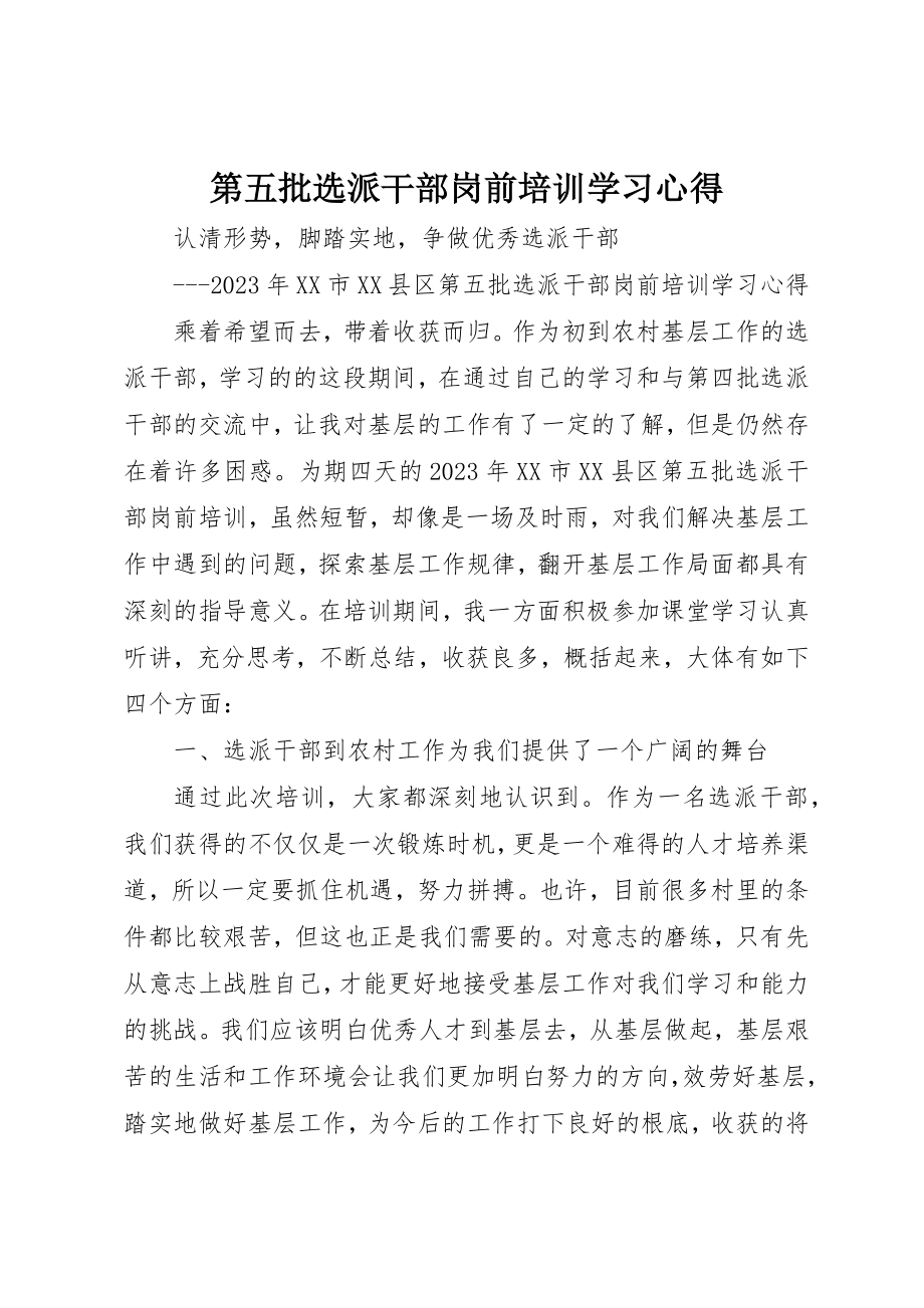 2023年第五批选派干部岗前培训学习心得新编.docx_第1页