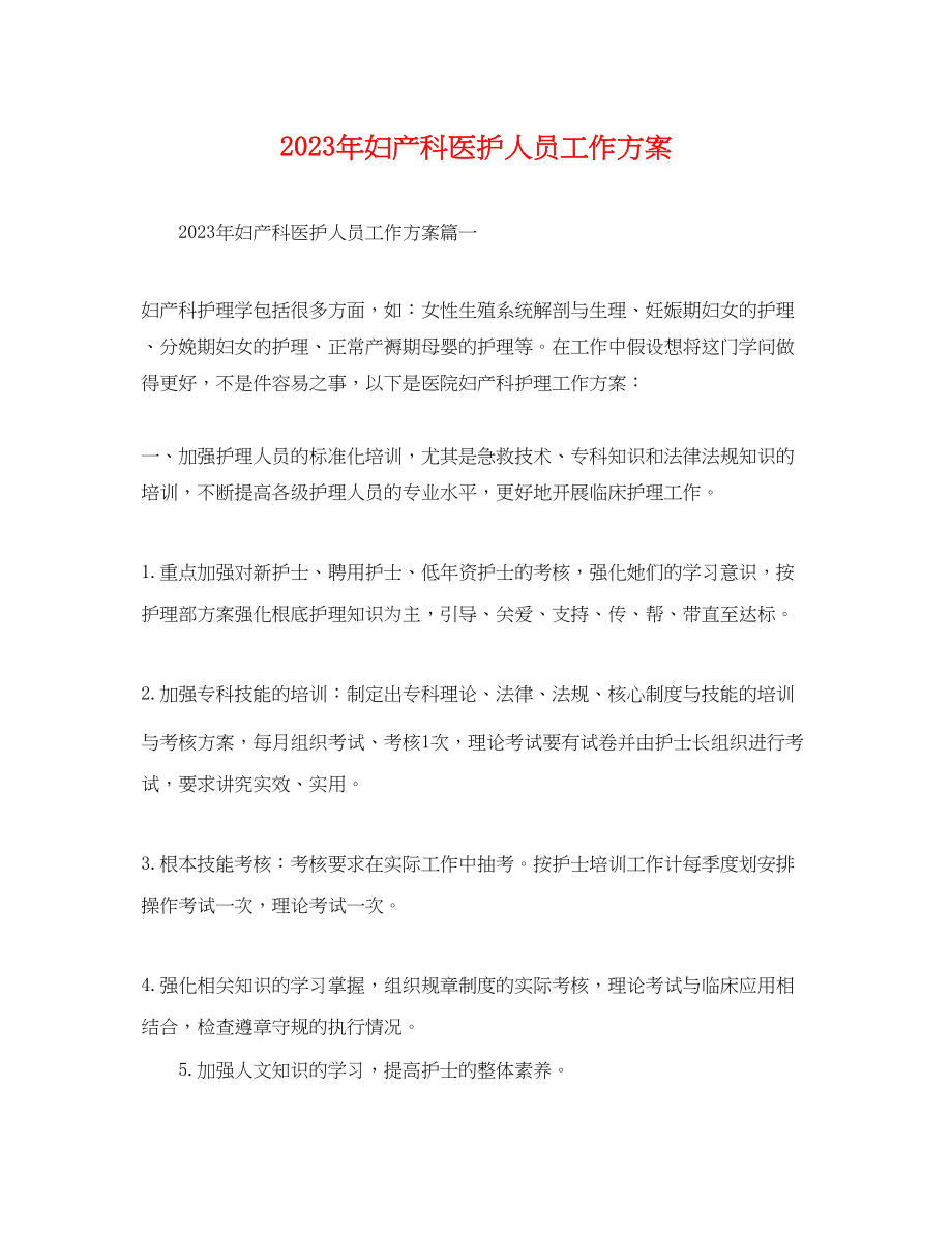 2023年妇产科医护人员工作计划.docx_第1页