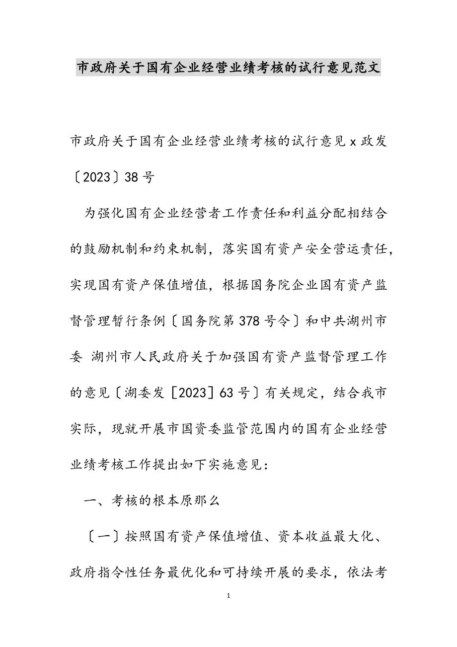 2023年市政府关于国有企业经营业绩考核的试行意见.docx_第1页