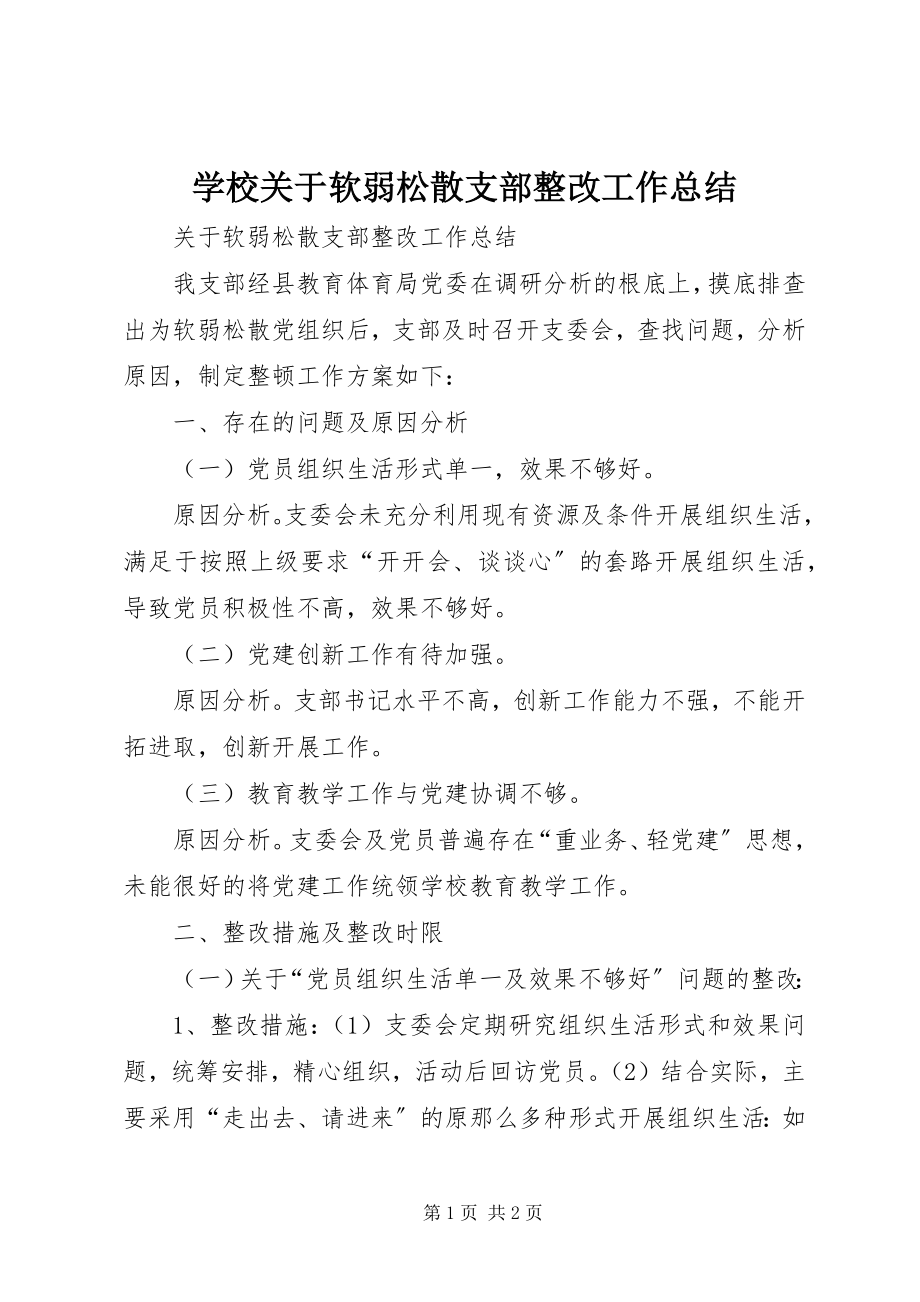 2023年学校关于软弱涣散支部整改工作总结.docx_第1页