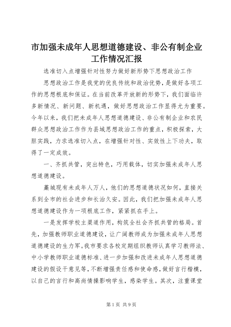 2023年市加强未成年人思想道德建设非公有制企业工作情况汇报.docx_第1页