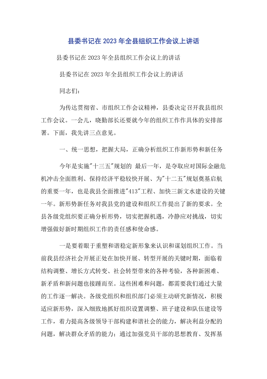 2023年县委书记在全县组织工作会议上讲话.docx_第1页