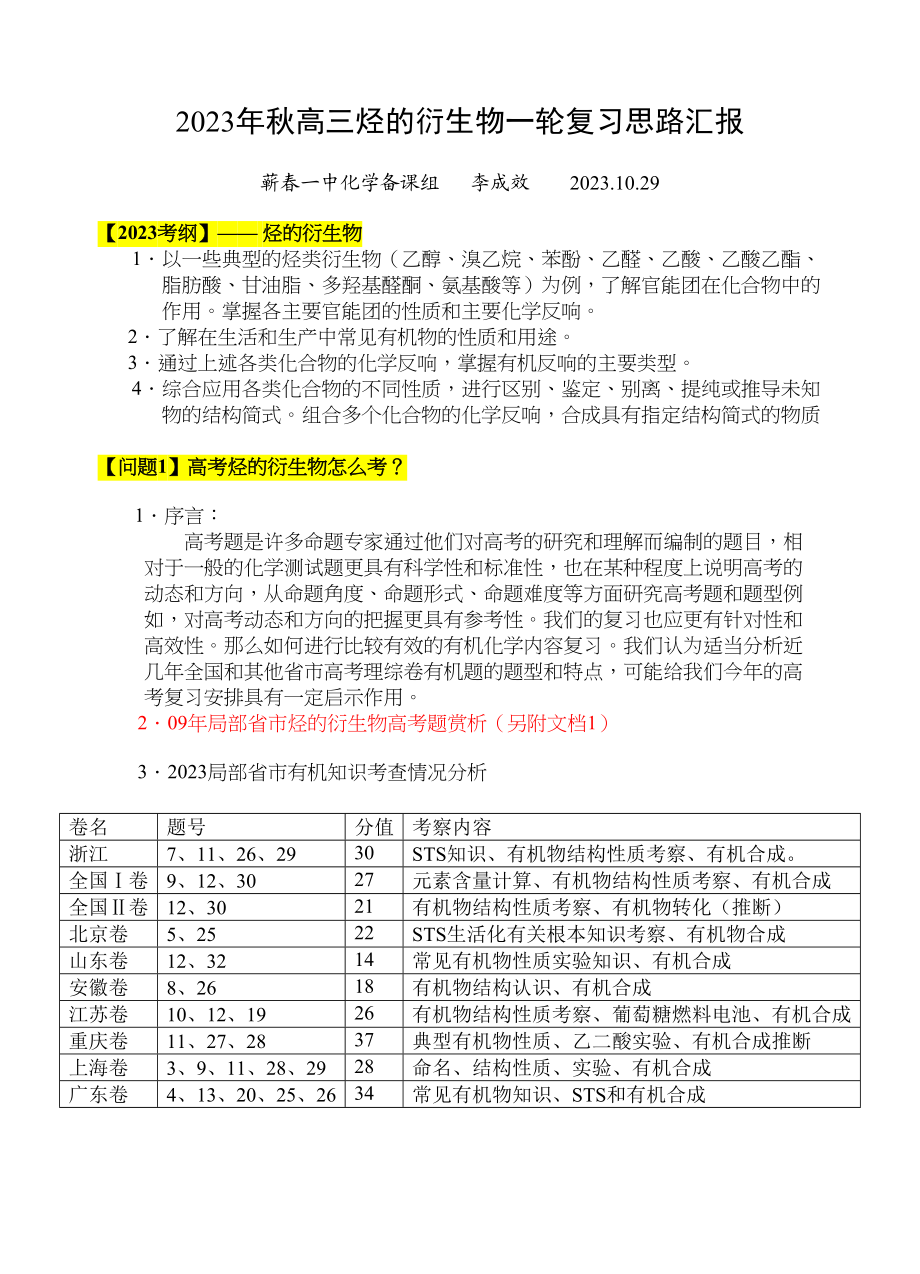 2023年a年秋《烃的衍生物》一轮复习思路汇报doc高中化学.docx_第1页