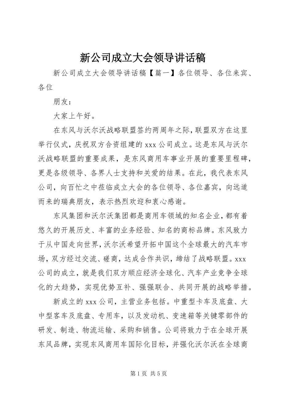 2023年新公司成立大会领导致辞稿.docx_第1页