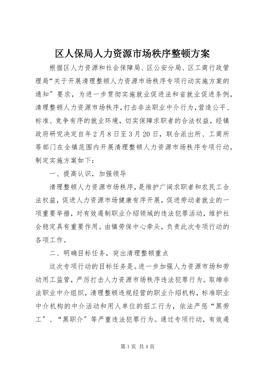 2023年区人保局人力资源市场秩序整顿方案.docx_第1页