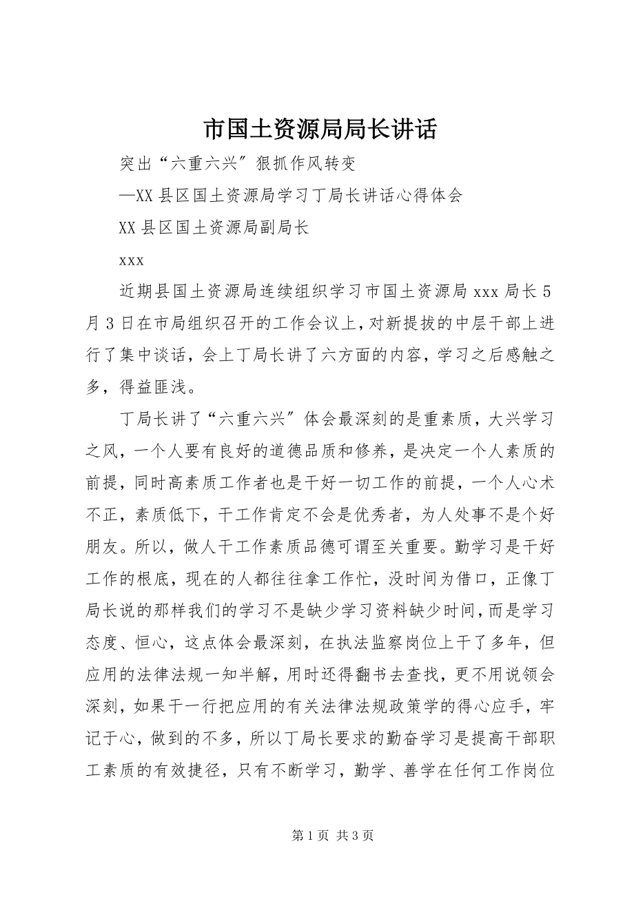 2023年市国土资源局局长致辞.docx_第1页