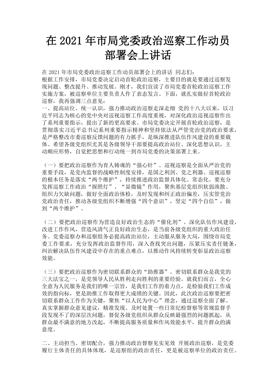 2023年在市局党委政治巡察工作动员部署会上讲话.doc_第1页