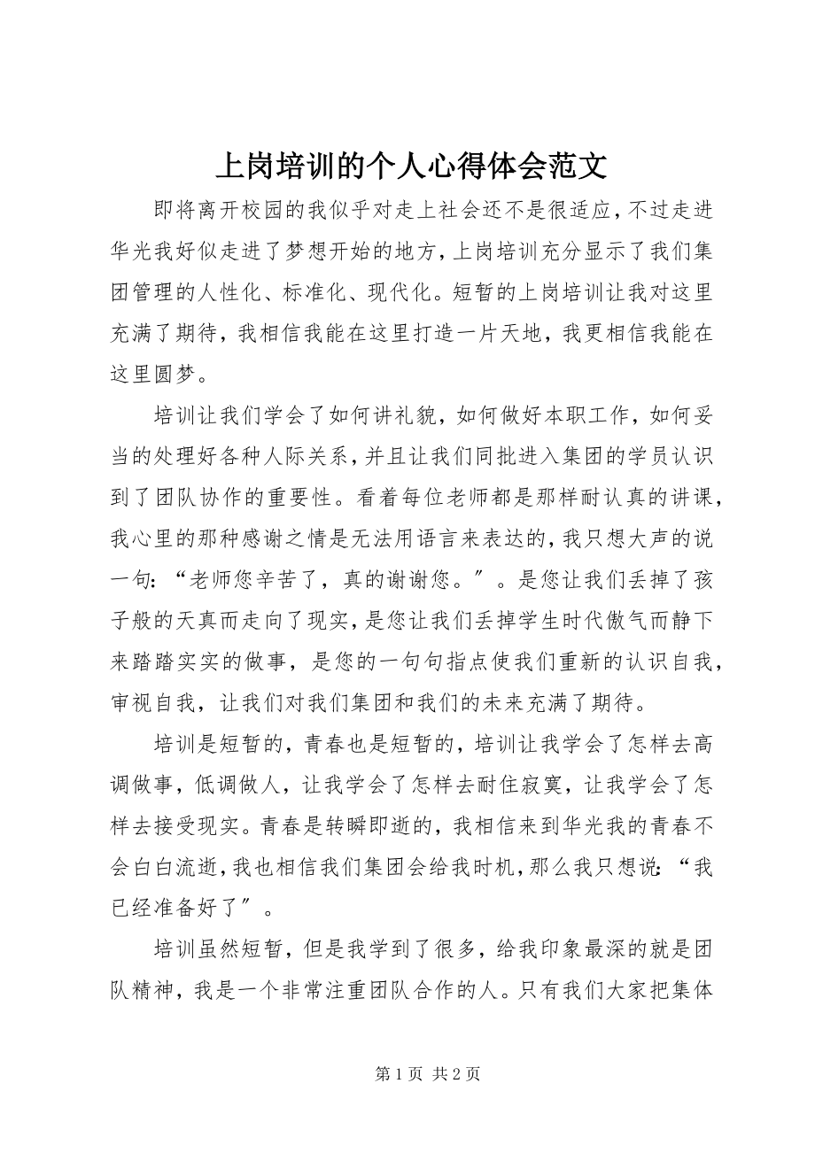 2023年上岗培训的个人心得体会.docx_第1页