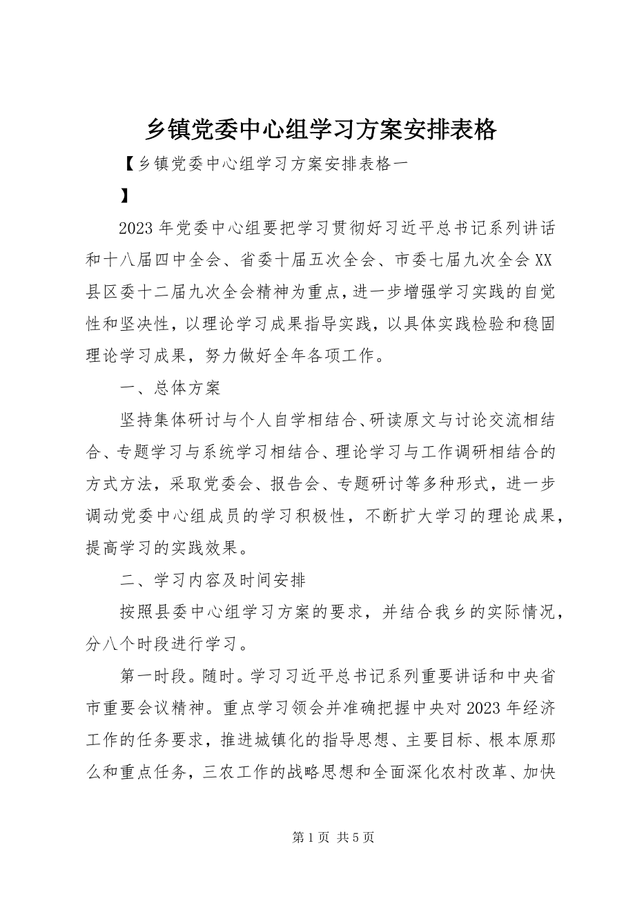 2023年乡镇党委中心组学习计划安排表格.docx_第1页