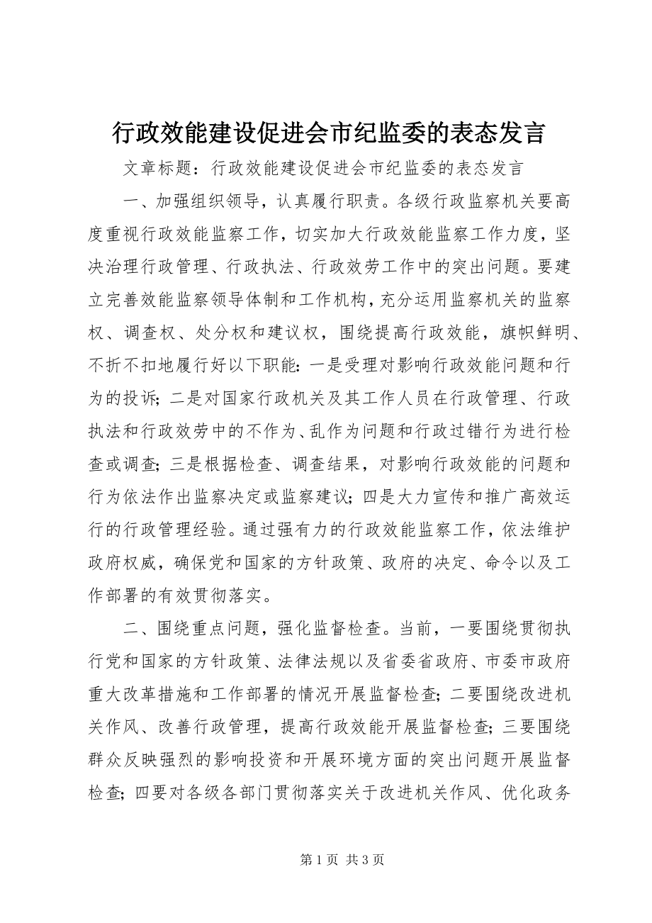 2023年行政效能建设促进会市纪监委的表态讲话.docx_第1页