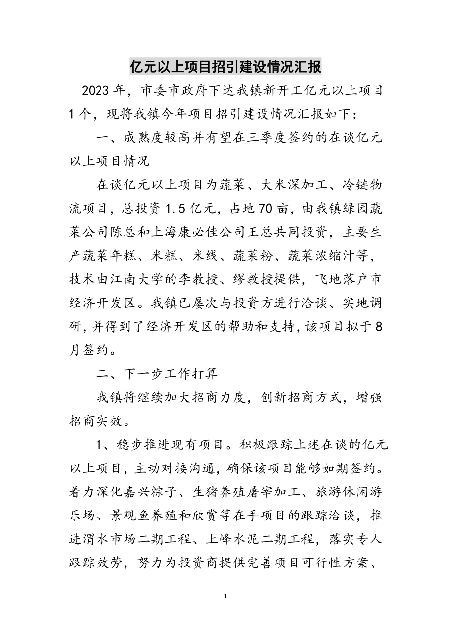 2023年亿元以上项目招引建设情况汇报范文.doc_第1页