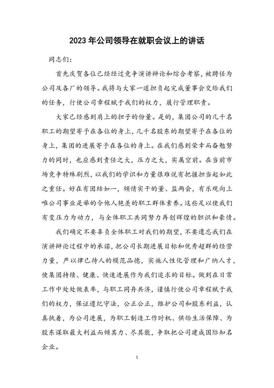 2023年公司领导在就职会议上的讲话.docx_第1页