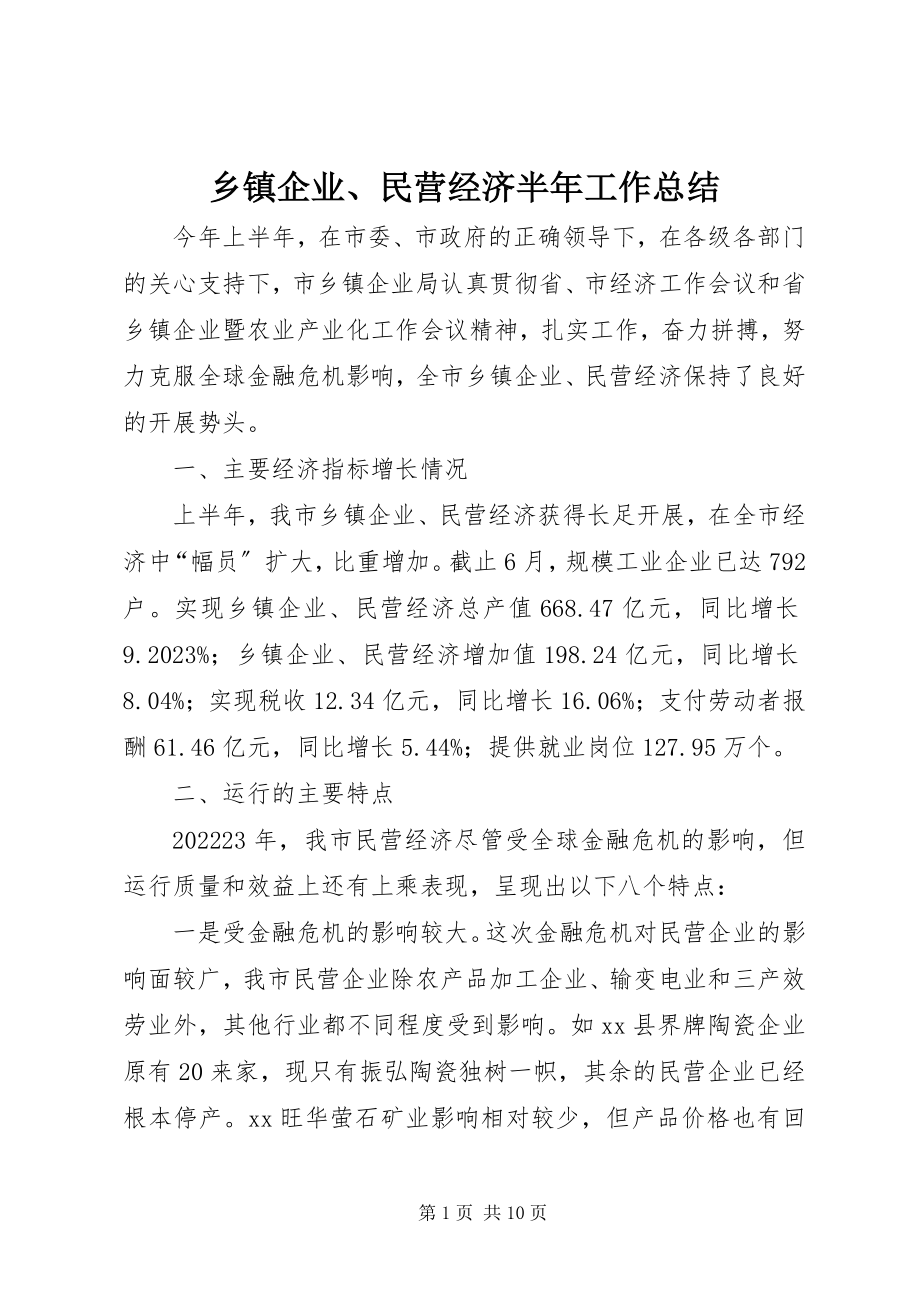 2023年乡镇企业民营经济半年工作总结.docx_第1页