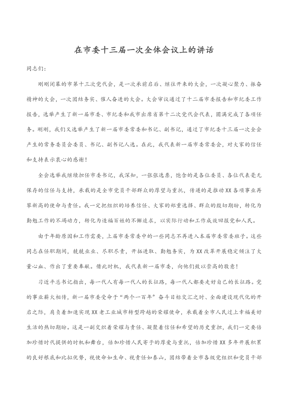 2023年在市委十三届一次全体会议上的讲话.docx_第1页