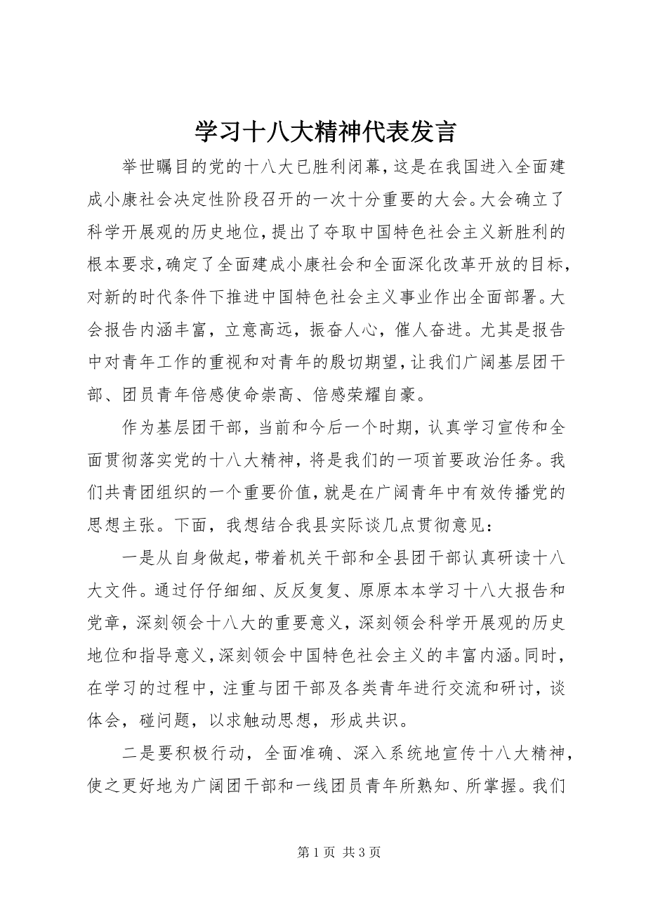 2023年学习十八大精神代表讲话.docx_第1页