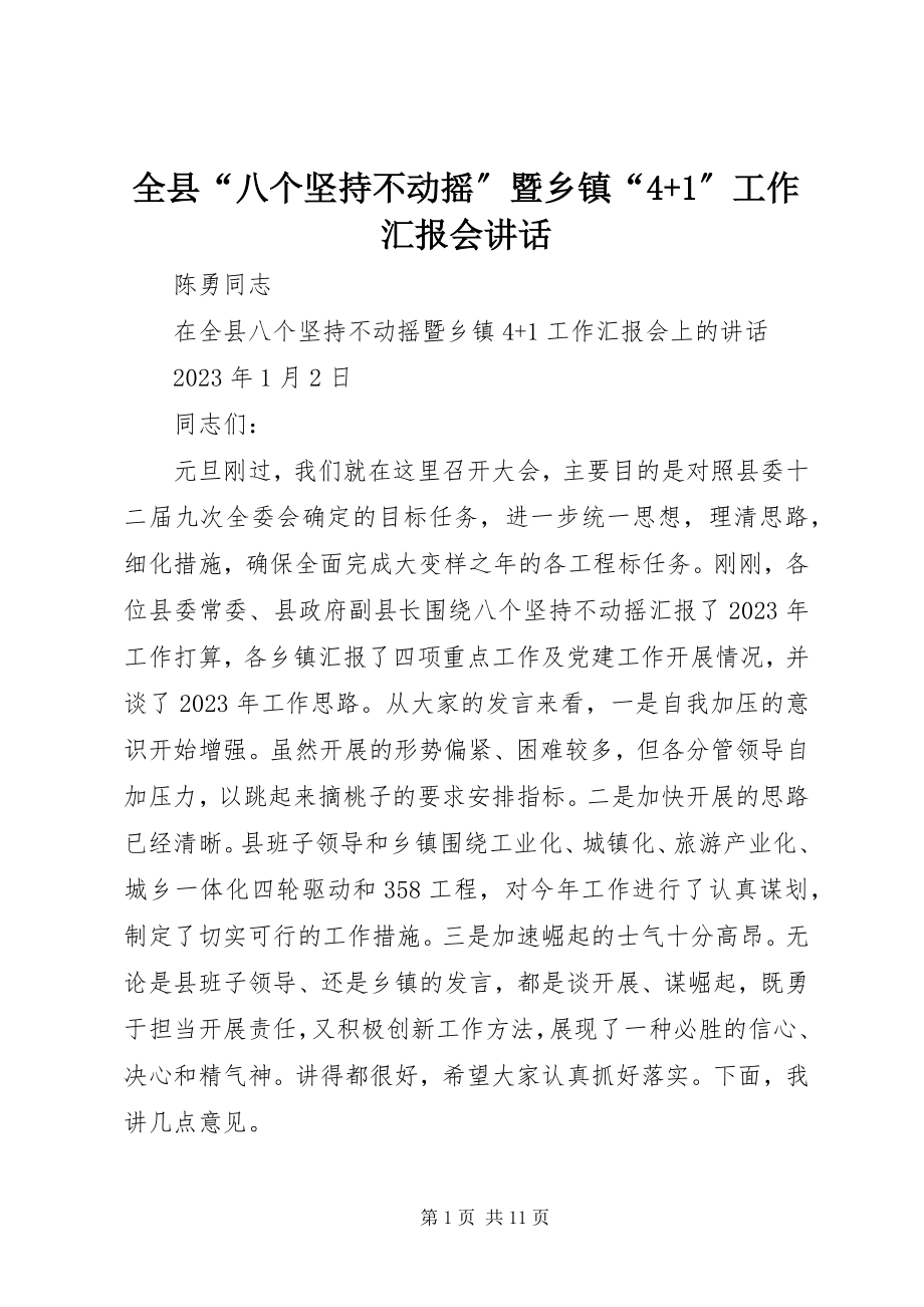 2023年全县“八个坚持不动摇”暨乡镇“41”工作汇报会致辞.docx_第1页