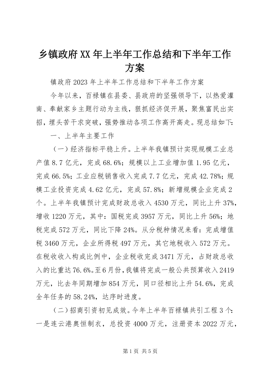 2023年乡镇政府上半年工作总结和下半年工作计划2.docx_第1页