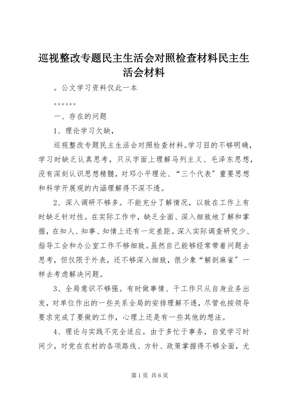 2023年巡视整改专题民主生活会对照检查材料民主生活会材料.docx_第1页