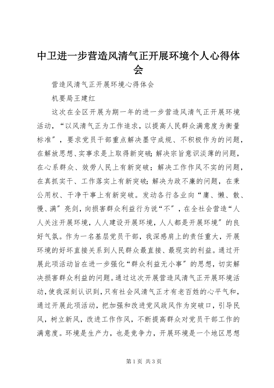 2023年中卫进一步营造风清气正发展环境个人心得体会.docx_第1页