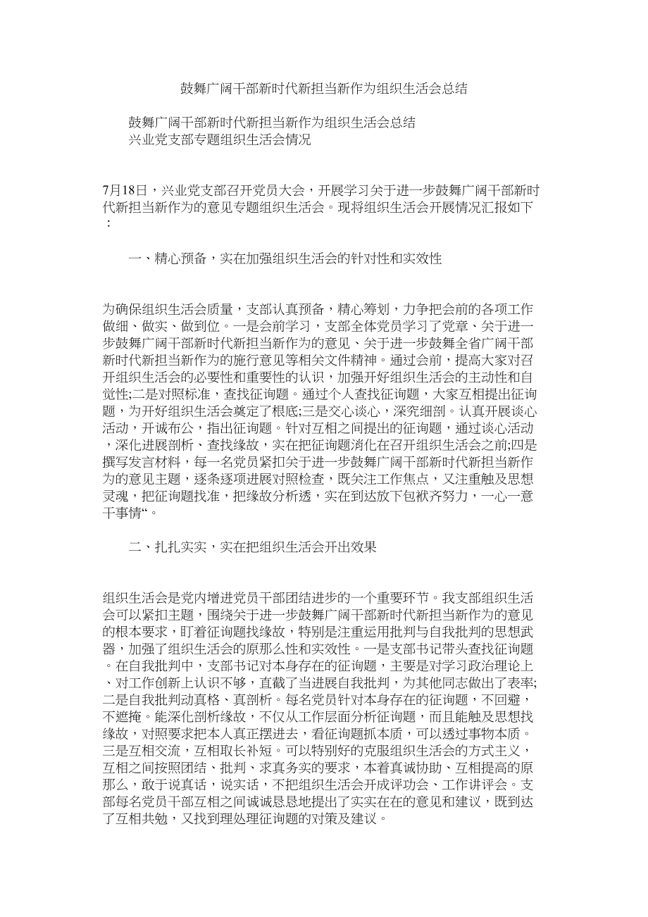 2023年激励广ۥ大干部新时代新担当新作为组织生活会总结.docx_第1页