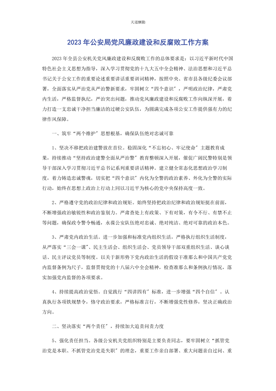 2023年公安局党风廉政建设和反腐败工作计划.docx_第1页