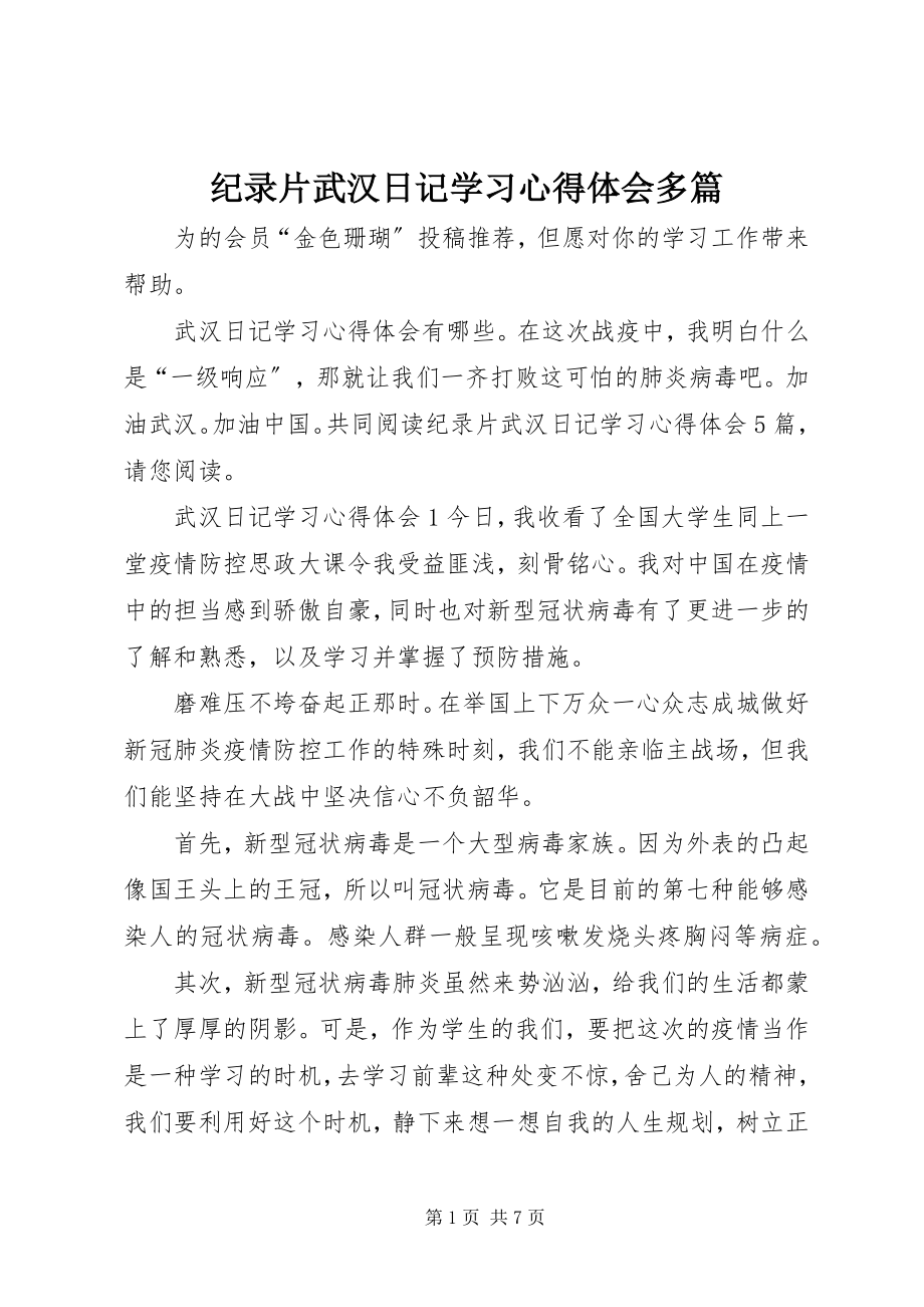 2023年纪录片《武汉日记》学习心得体会多篇.docx_第1页