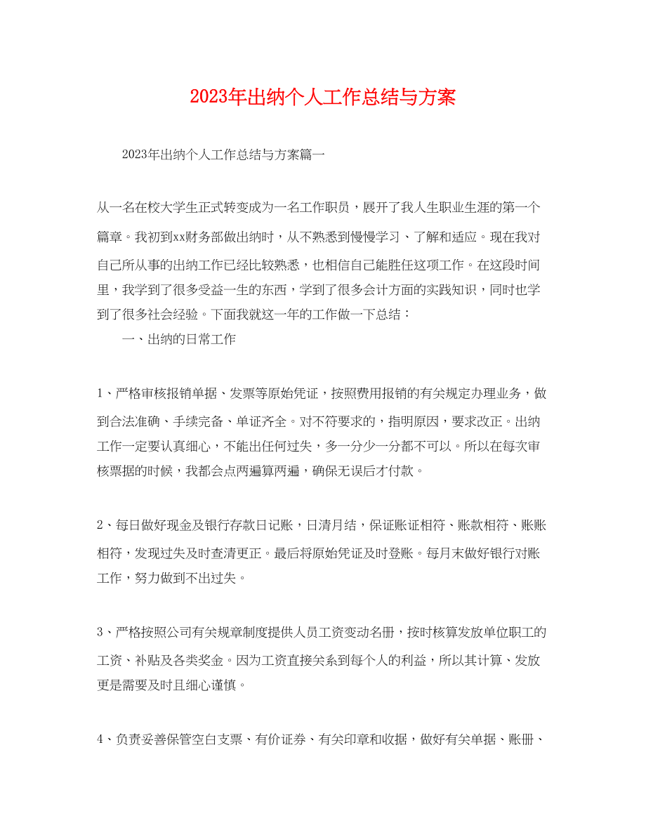 2023年出纳个人工作总结与计划.docx_第1页