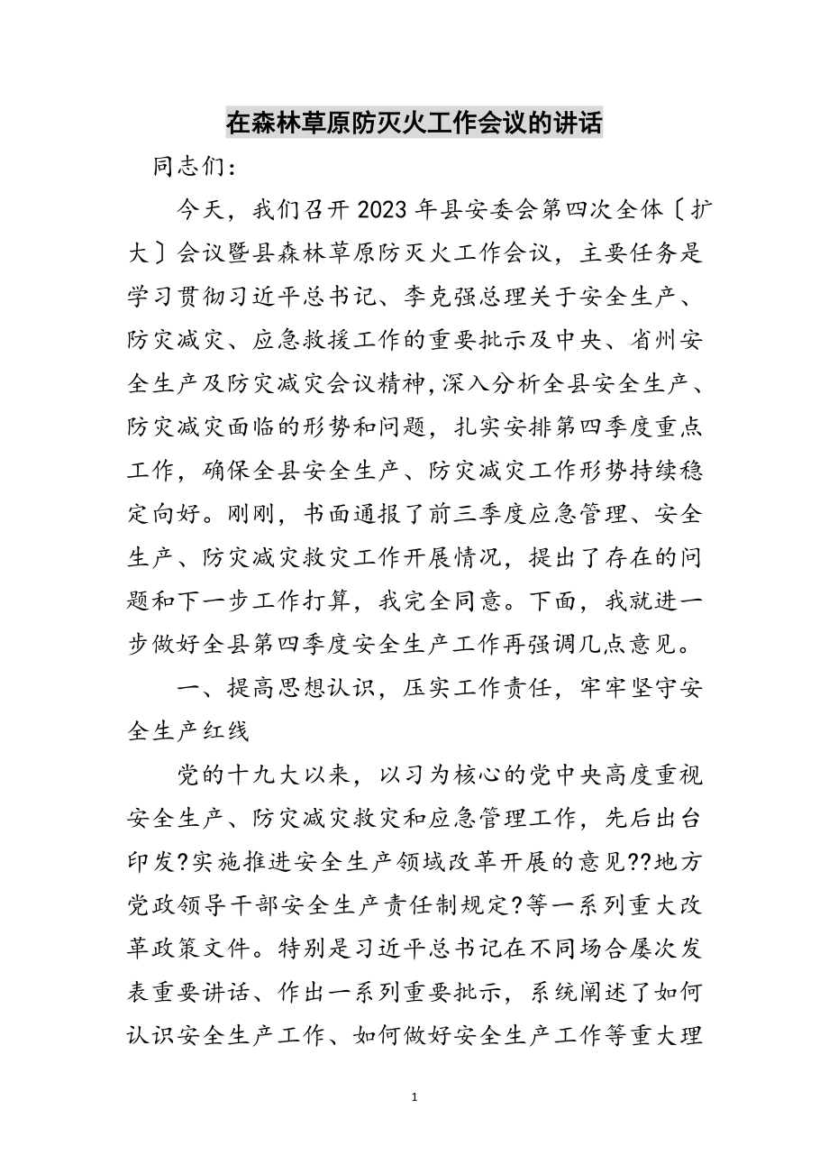 2023年在森林草原防灭火工作会议的讲话范文.doc_第1页