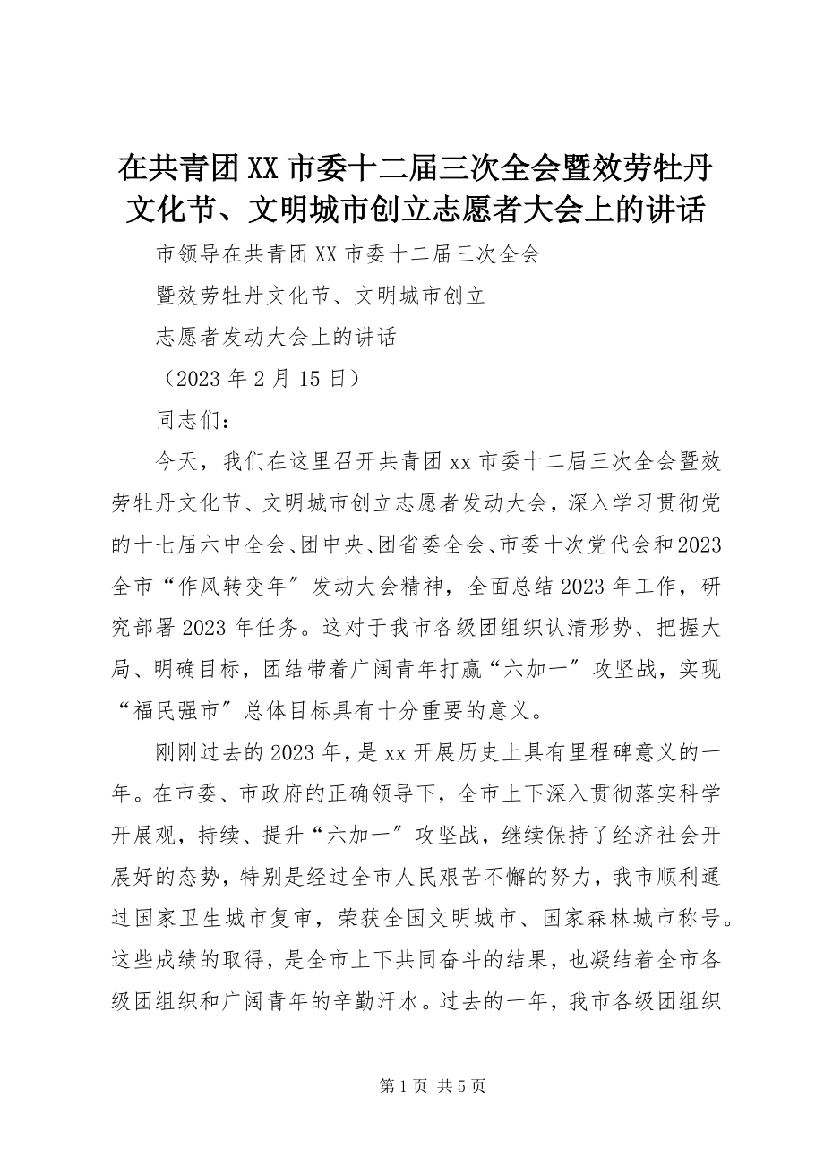 2023年在共青团XX市委十二届三次全会暨服务牡丹文化节文明城市创建志愿者大会上的致辞.docx_第1页