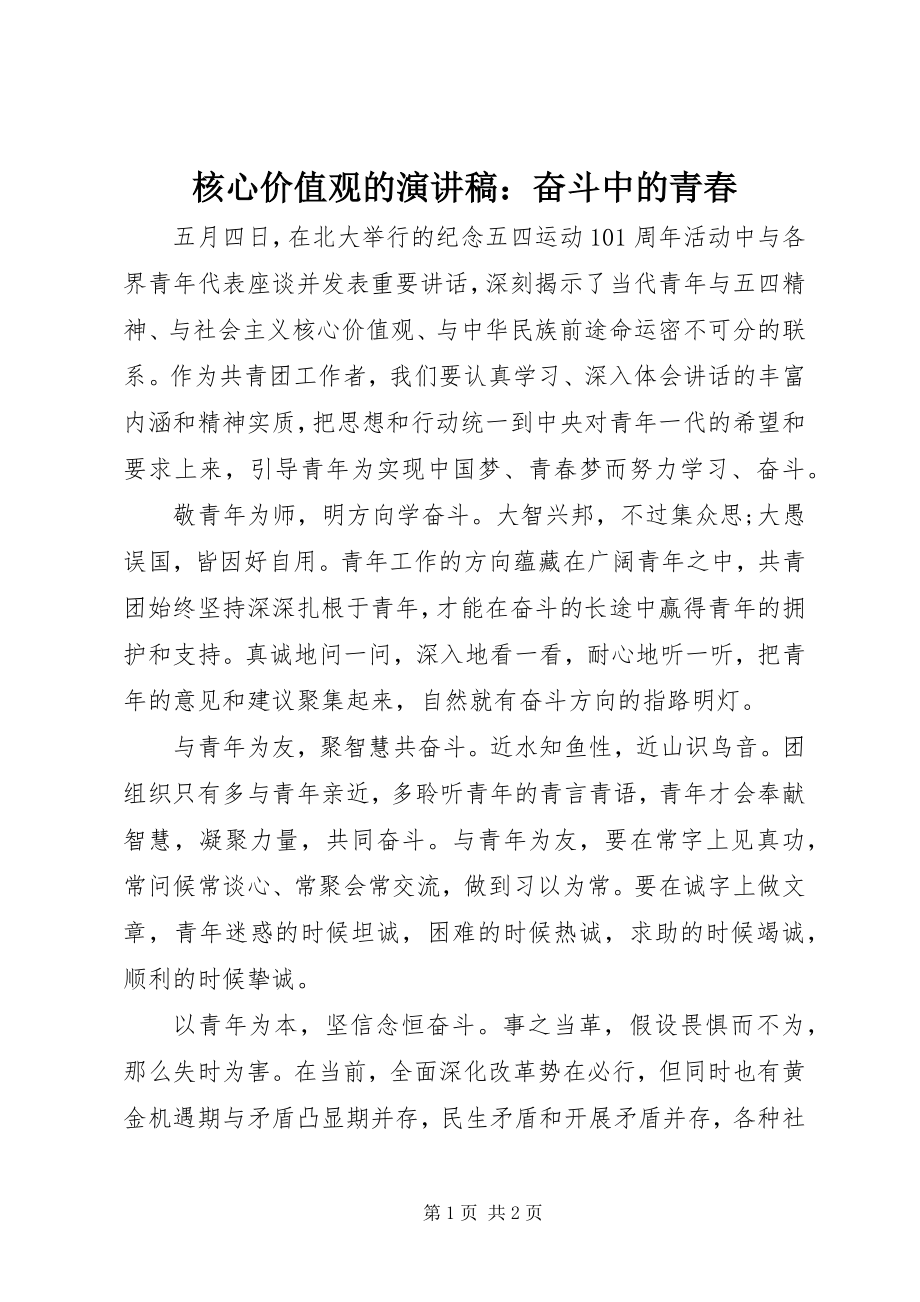 2023年核心价值观的演讲稿奋斗中的青春.docx_第1页